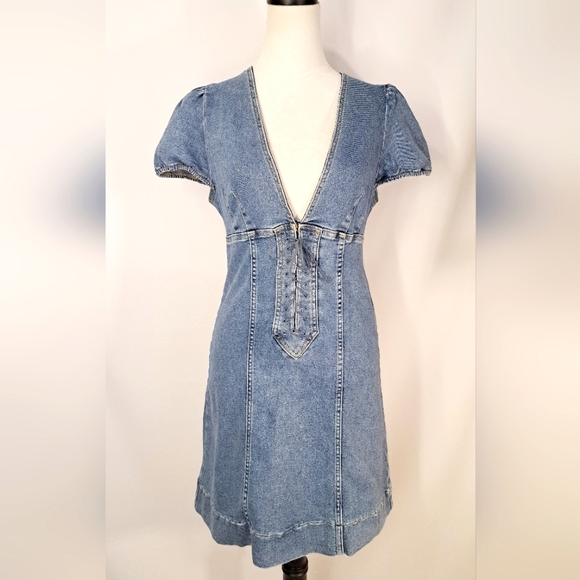 Free People Womens Something Sweet Denim Dress Mini Stretch Lace Up V Neck 6 - Picture 3 of 16